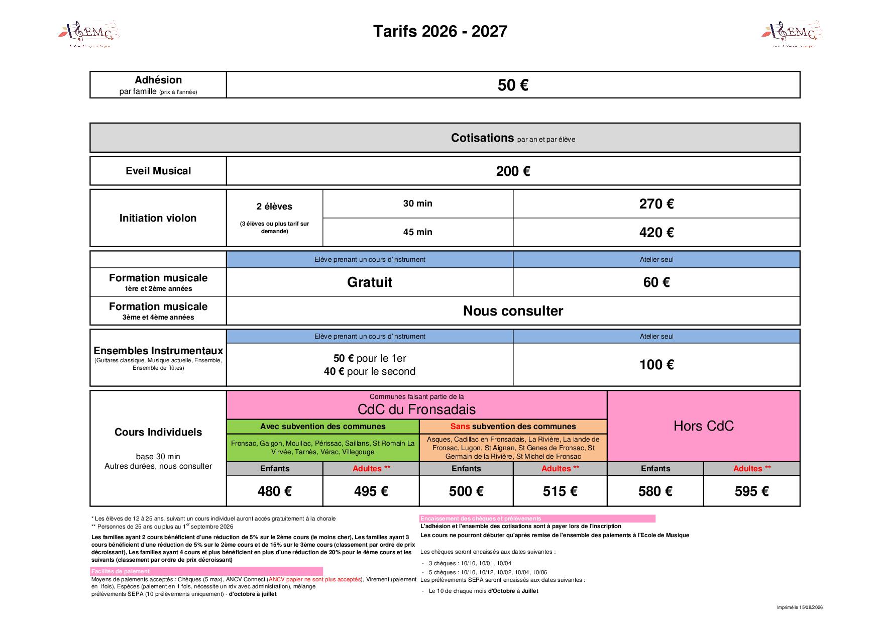 Tarifs cours 2026 2027